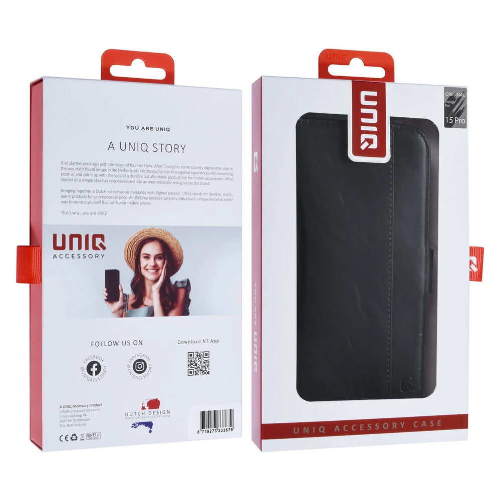 UNIQ iPhone 15 Pro Plånboksfodral - Svart med Magnetlås Bak