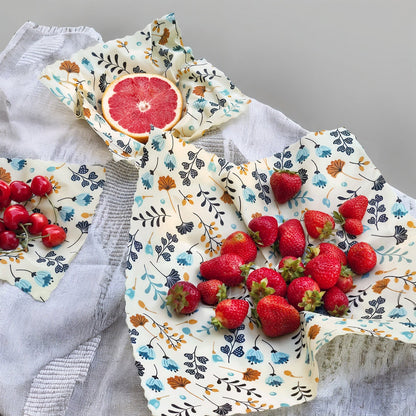 Bivaxdukar 3 pack med blåa blommor tillsammans med frukter