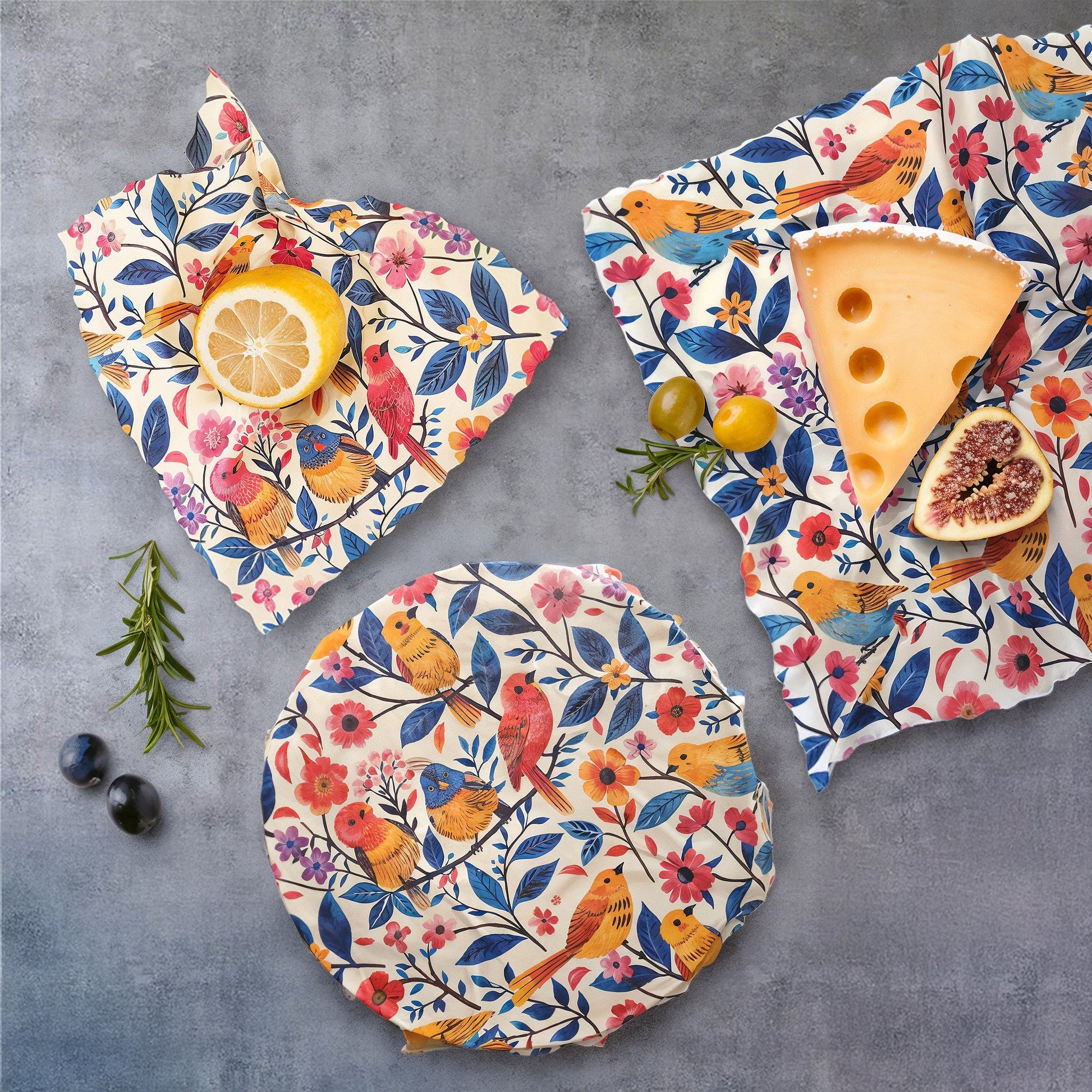 Bivaxdukar 3 pack med fåglar tillsammans med matvaror