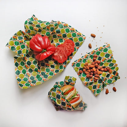 Bivaxdukar 3 pack med skogsträd tillsammans med matvaror