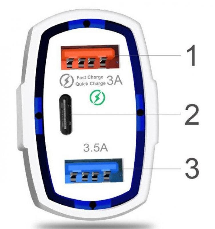 Billaddare 3-Port USB-A / USB-C - Quick Charge 3.0 Vit