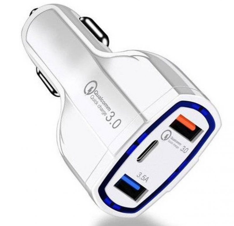 Billaddare 3-Port USB-A / USB-C - Quick Charge 3.0 Vit