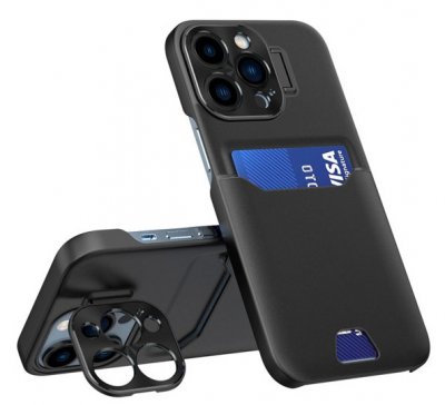 iPhone 14 Pro Skal med Kortfack & Ställfunktion Svart PU-Läder