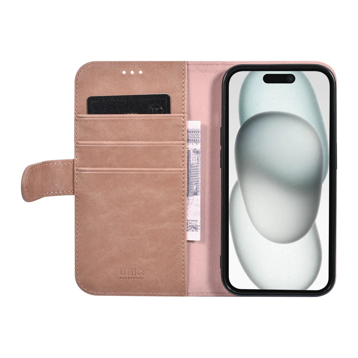 UNIQ iPhone 15 Plånboksfodral - Ljusrosa med Magnetlås Bak
