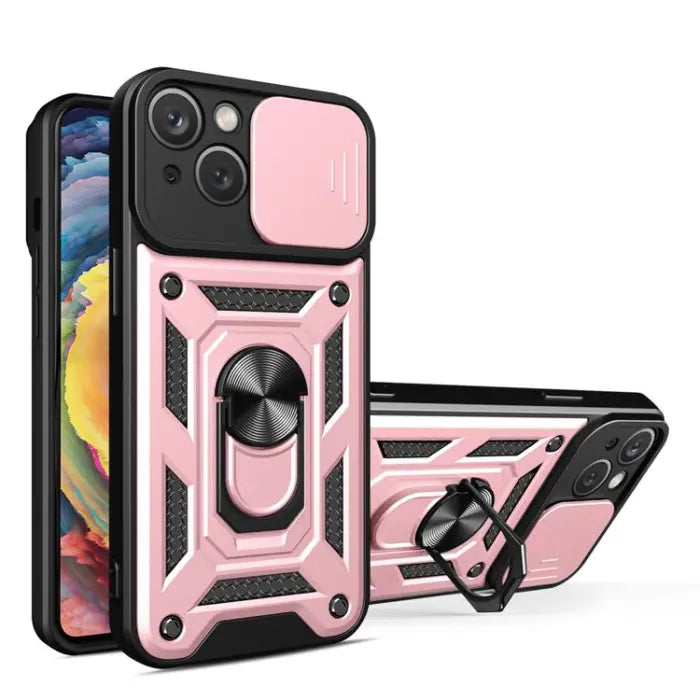 iPhone 15 Skal - Rosa Med Kameraskydd och Ställfunktion
