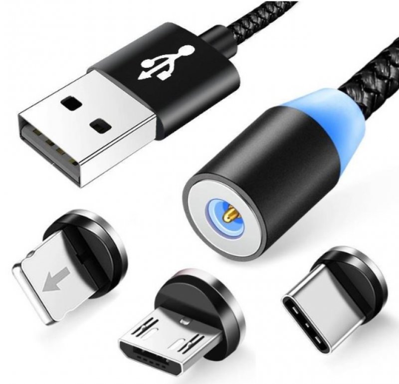 Magnetkabel 3 i 1 USB-C / Lightning / Micro USB - 1 Meter (Svart)