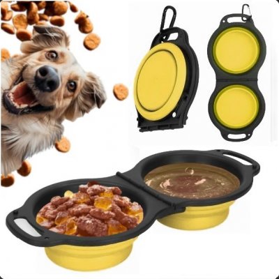 NUXIE® Hopfällbar Dubbel Reseskål Mat & Vatten för Hund & Katt Gul