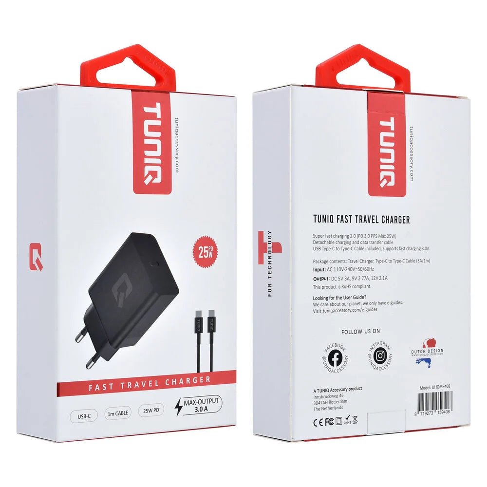 TUNIQ 25W Snabbladdare USB C - Med USB-C till USB-C Kabel 1 Meter Svart
