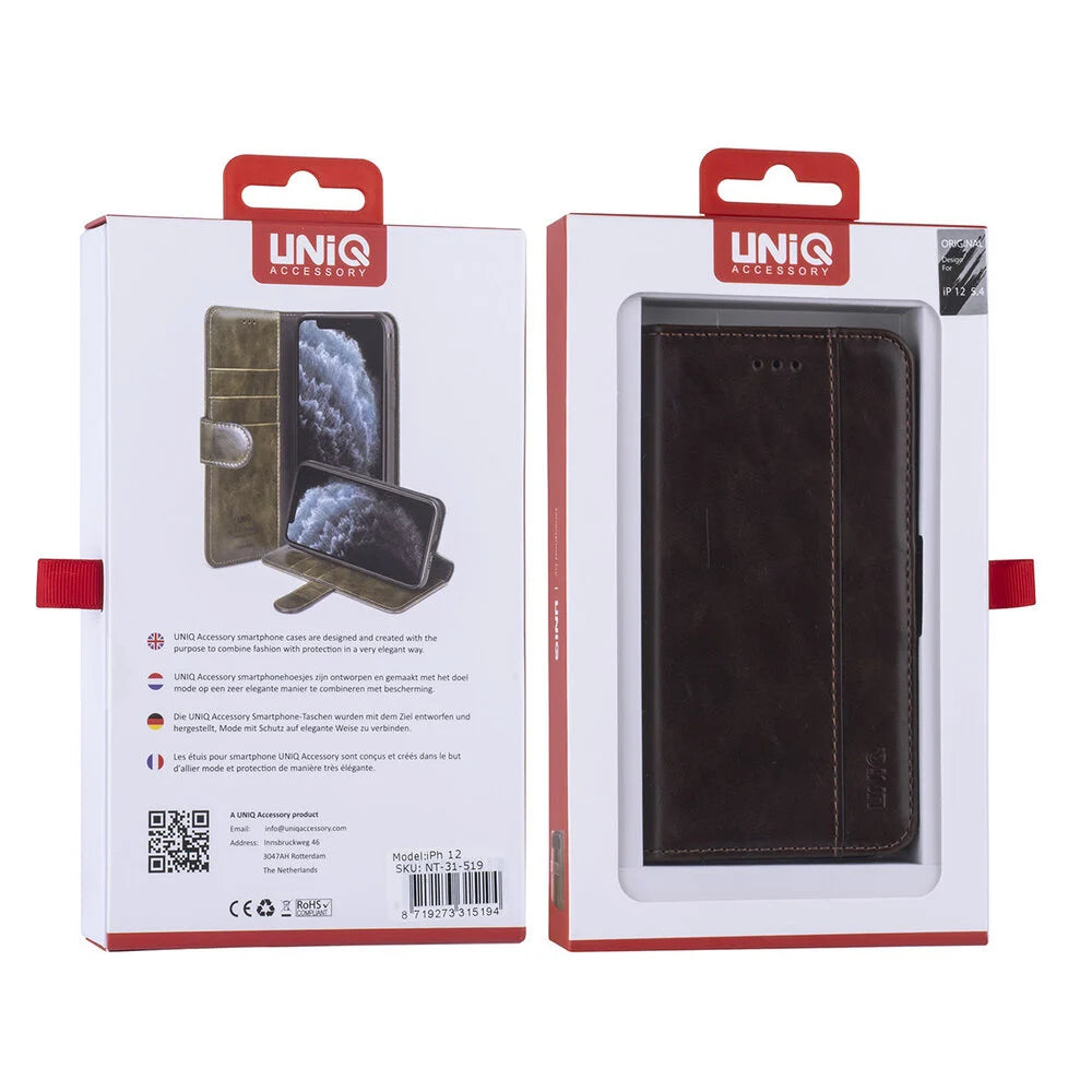 UNIQ iPhone 12 Mini Plånboksfodral - Mörkbrun med Magnetlås på Baksidan