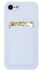 Ljusblått silikonskydd med kortfack för iPhone SE 2020.