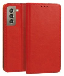 Rött fodral i äkta läder för Samsung Galaxy S21 FE.