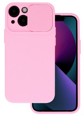 Ljusrosa mobilskal med linsskydd för iPhone 14.