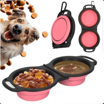 NUXIE® Hopfällbar Dubbel Reseskål Mat & Vatten för Hund & Katt Rosa