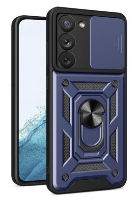 Blått skal med linsskydd och ställfunktion för Samsung Galaxy S23.